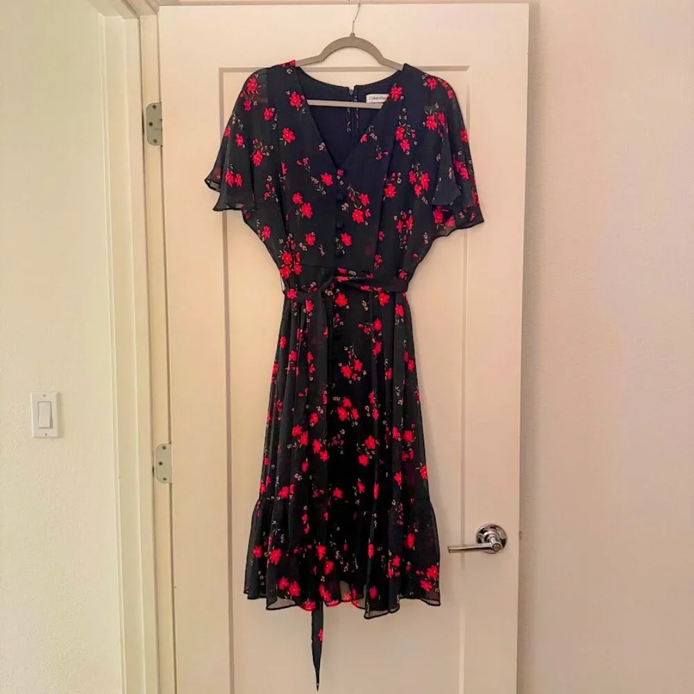 Calvin Klein Navy Floral V-Neck Chiffon Midi Dress – Size 12 - Picture 4 of 9